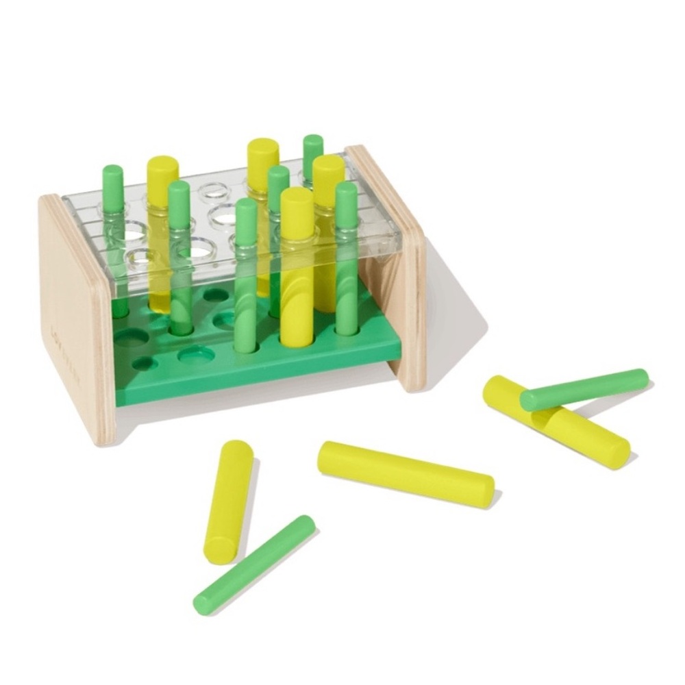LOVEVERY wooden posting stand Montessori toy with green and yellow pegs